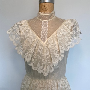 Vintage Bridal Maxi Dress S/M 70s Candi Jones Lace 3-Tiered Cream