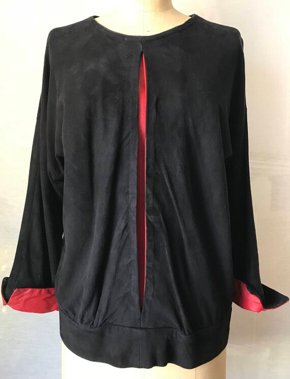 1990's Black Suede Top with Bold Red Leather Accen