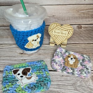 Handmade Crochet Cup Cozy with adorable Dog felties, Crochet Cup Cozy perfect for hot or cold beverages, Labrador, Russel Terrier, Bull Dog,