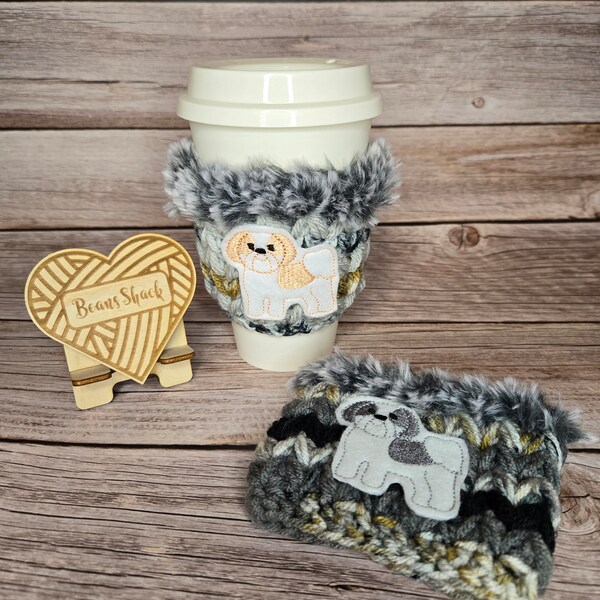 Shih tzu Dog Crochet Cup Cozy brown grey small dog Crochet Coffee Sleeve Gift for Dog Lovers Small dog Cup Cozy mug warmer