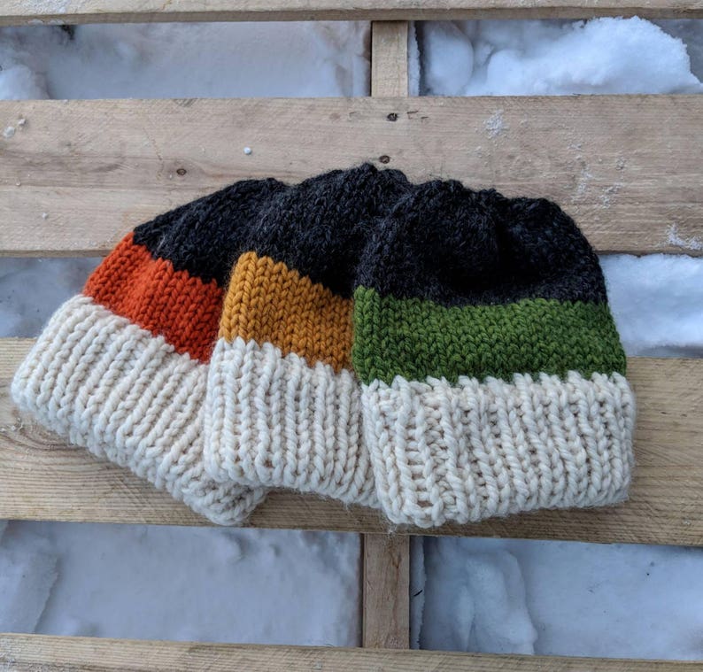 Double Double Striped Hat Double brim ribbed knit hat Chunky knit hat with double brim triple striped hat