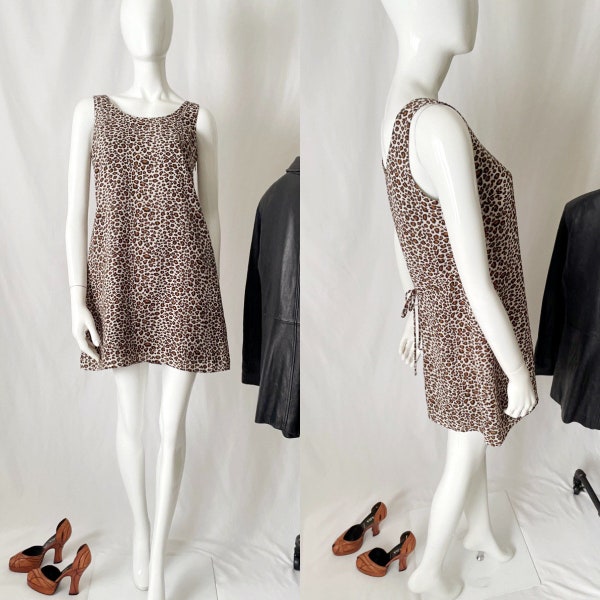 90s Vintage Leopard Print Pinafore Style Mini Dress