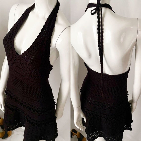 Vintage Y2K Crochet Halter Mini Dress