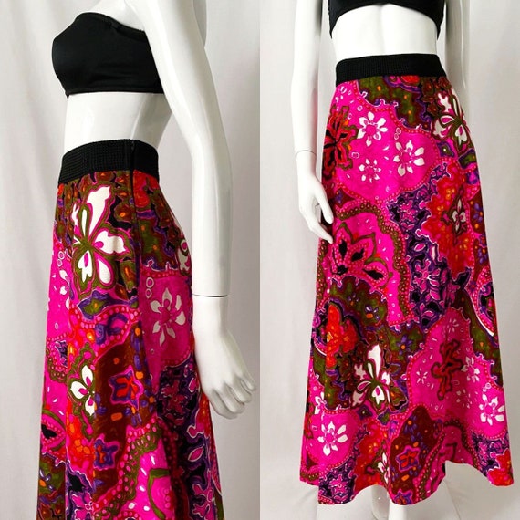 70s Vintage Psychedelic Floral A-line Maxi Skirt - image 1