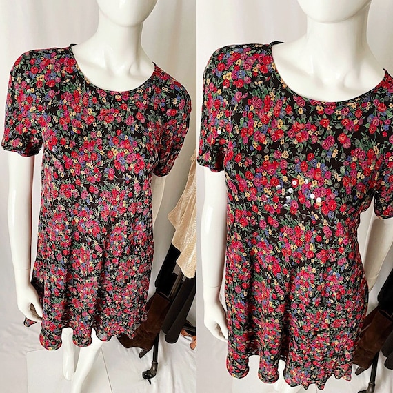 Vintage Liz Claiborne 90s Floral Mini Babydoll Te… - image 1