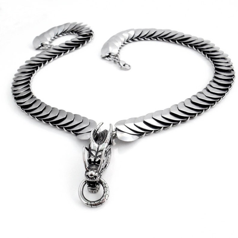 Stainless Steel Dragon Head Pendant & Scale Maille Chain Necklace - Shijin the Wraith