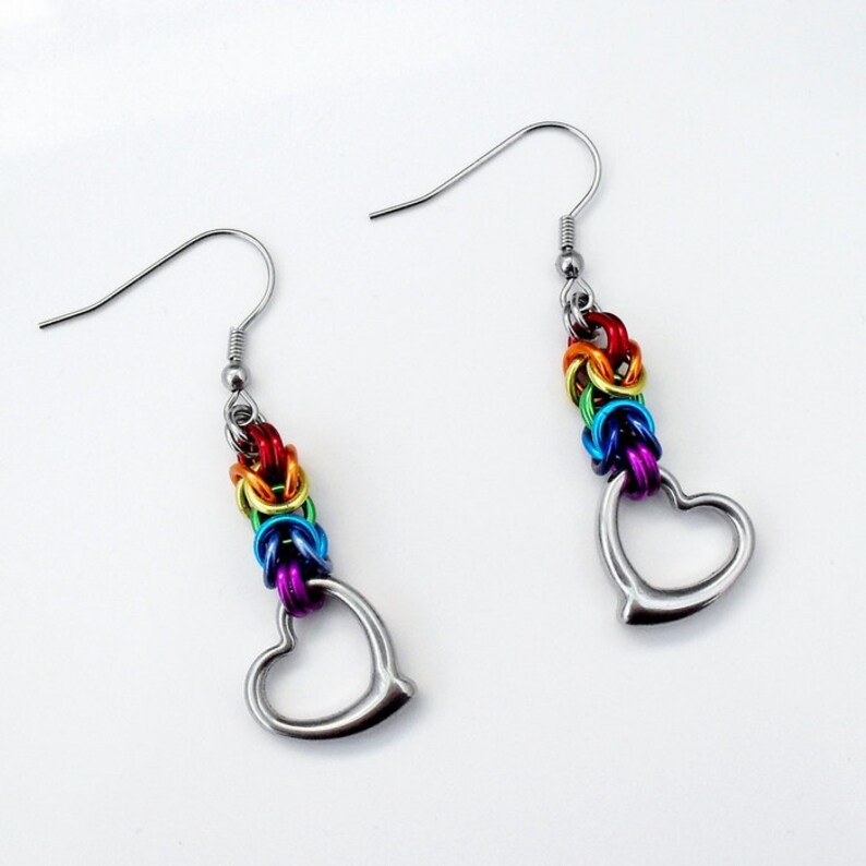 Rainbow Byzantine Heart Drop Chainmaille Earrings with Stainless Steel Ear Wires