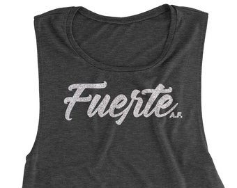 Fuerte A.F. (Strong A.F.) • Women's Muscle Tank Top • Black Heather and Silver Glitter (non-flaking glitter)
