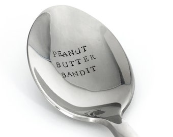 Stamped Spoon: Peanut Butter Bandit • Hand Stamped Gift for Peanut Butter Lover • Peanut Butter Spoon • Gift for Personal Trainer