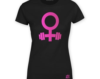 Strong Woman Symbol with Barbell t-shirt (choice of colors: berry, silver, gold or white)