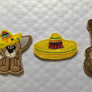Mexican feltie, sombrero feltie, guitar feltie, chihuahua dog feltie set of 4 of one style