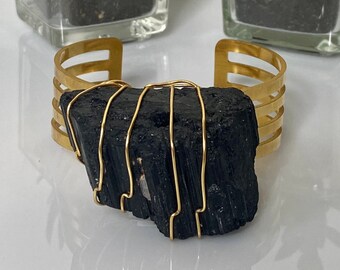 I Am Protected Tourmaline Bangle Bracelet - Wire Wrapped Large Black Tourmaline on Gold Cuff Bangle