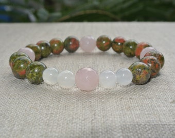 Fertility / Healthy Pregnancy Unakite,Moonstone & Faceted Rose Quartz Gemstone Bead Stretch Bracelet- Fertility Bracelet, Pregnancy Bracelet