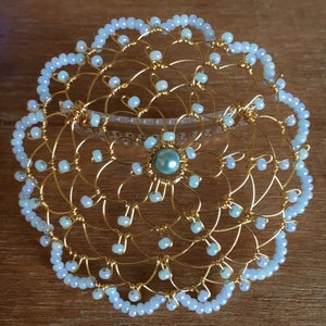 Light Blue and Gold Woman&#39;s Wire Beaded Kippah