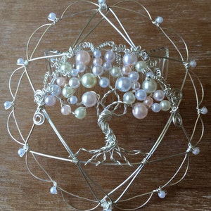 May include: A silver wire tree of life with pearl beads in shades of pink, white, and cream. The tree is surrounded by a silver wire star of David.