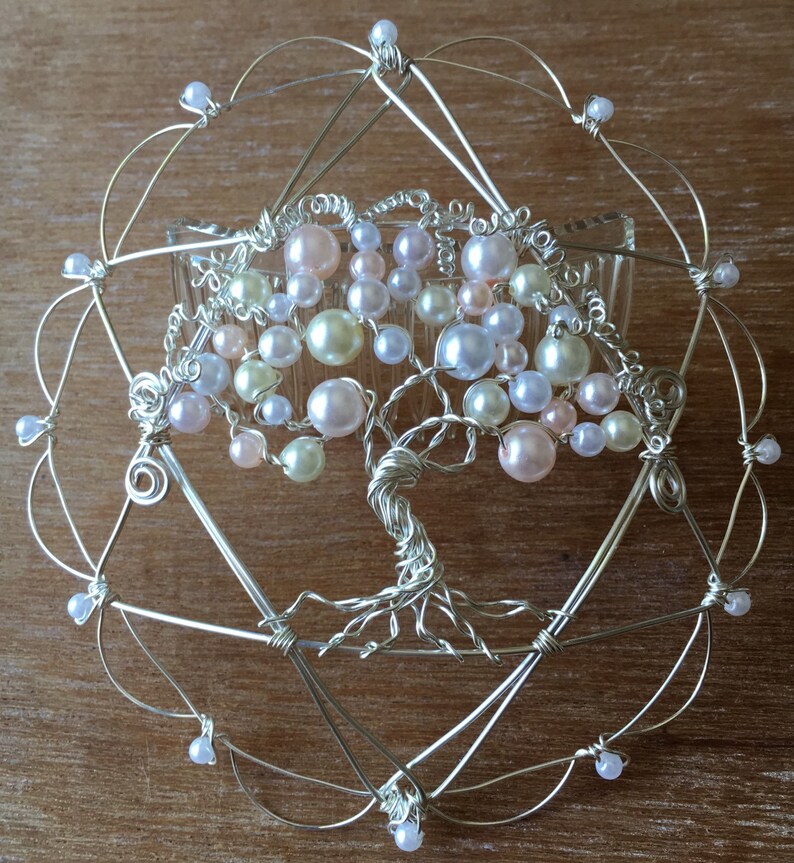 May include: A silver wire tree of life with pearl beads in shades of pink, white, and cream. The tree is surrounded by a silver wire star of David.