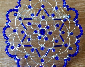 Women's Cobalt Crystal Star of David Beaded Wire Kippah