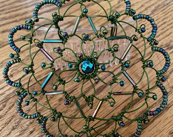Women's Green Iris Star of David Beaded Wire Kippah