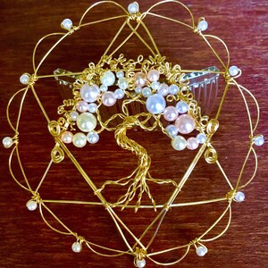 May include: Gold wire tree of life design with pink and white pearls, set in a gold wire star of David shape.