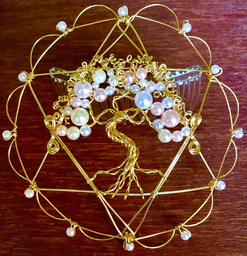 May include: Gold wire tree of life design with pink and white pearls, set in a gold wire star of David shape.