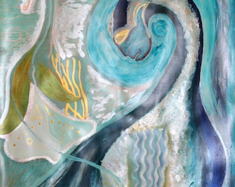 May include: Abstract painting with swirling blue and green colors, gold accents, and white highlights. The painting features a stylized figure with a flowing, wave-like form. The text "IMAGE A" is visible at the bottom of the painting, along with website information for Elaya Anouk Vellino.