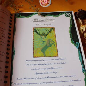 May include: A green and yellow illustration of a deer with antlers and a horse, with the text "VII Ancient Nature: (Natura Antigua)" and "I have waited a thousand years to cross the worlds frontiers. The herse of the Union of worlds has taken me on his back to deliver the message of the Re-connection. Remember the Ancient Days... In which Humans knew of the cycles of Nature as well as of the hidden mysteries... The triskole and the spiral merge to speak to you about the ascendant movement, here and now. Ride the horse with me and I shall talk to you about the ancient laws. Ancient to your eyes by Claya Anouk Vellino www.etsy.com/shop/ClayaMagic www.clayamagic.wixsite.com/clayamagic"