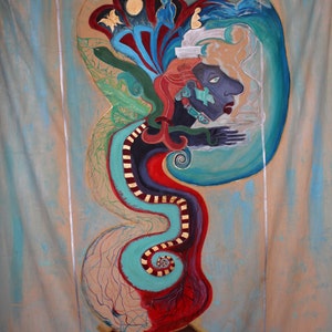 May include: A colorful painting on canvas depicting a stylized figure with a serpent-like body, a crown, and a face. The figure is surrounded by swirling blue and green shapes, and the background is a light blue and beige. The painting is signed "Elaya Anouk Vellino" in the top left corner.