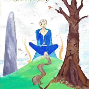 May include: A blue-skinned figure sits cross-legged on a green hill, with a winding path leading down to a brown archway. A bare tree with brown branches stands to the right, and a gray rock formation is visible in the background. The text "Elaya Anouk Vellino www.etsy.com/shop/ElayaMagic" is written at the top of the image.