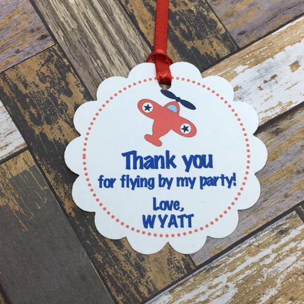 25 Tags; Scallop Birthday Favor Tag with Ribbon; plane; airplane; Personalized; pilot; Boy's birthday; flying by