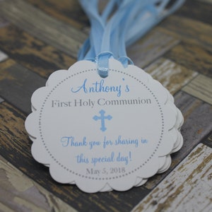 25 Tags; Scallop Communion (orBaby Christening / baptism) Favor Tag with Ribbon; Blue; Personalized; Cross