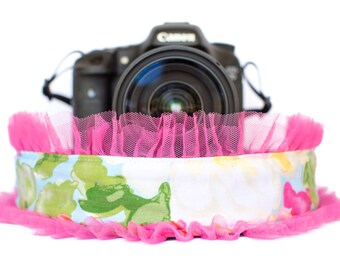 Floral Camera Strap with Bright Pink Tulle