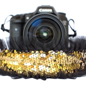 Sequin Camera Strap Color Changing Gold to Black with Black Tulle