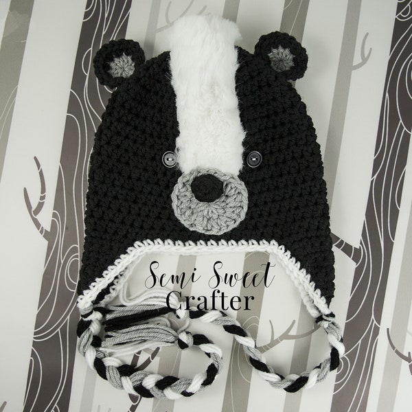 Crochet Pattern, Crochet Hat Pattern, Crochet Skunk Pattern, Crochet Beanie Pattern, Crochet Animal Hat Pattern, Skunk Hat, Woodland Pattern