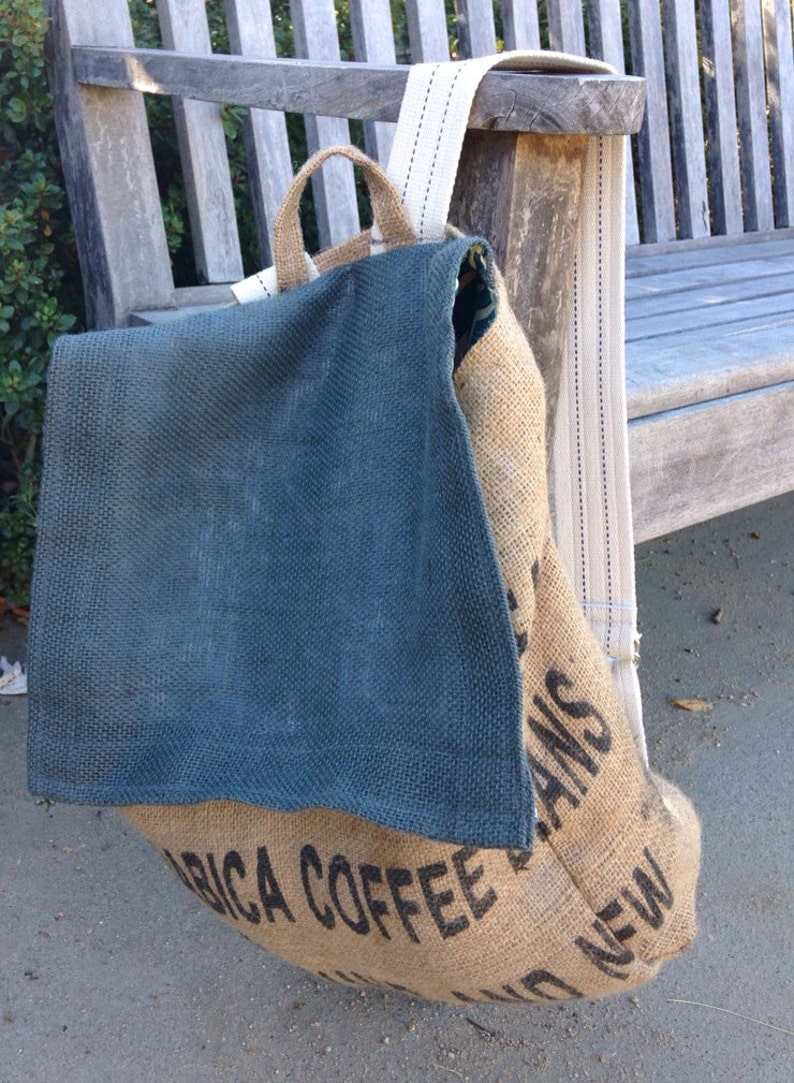 Upcycled Burlap Coffee Sack Backpack with Gray Burlap Top Flap Etsy