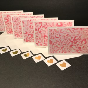 Cartões e envelopes com estampa de leopardo rosa com selos de envelope, conjunto de cartões com estampa de leopardo, cartões e envelopes em branco feitos à mão, conjunto de 6