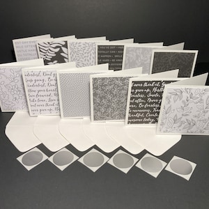 3x3 Mini Black and White Print Cards and Envelopes with Envelope Seals, Small B&W Card Set, Handmade Blank 3x3 Mini Note Cards, Set of 12