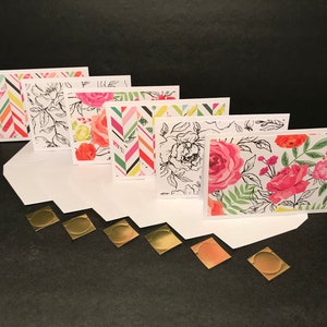 Flower Cards and Envelopes with Envelope Seals, Floral Note Cards, Floral Greeting Card Set, Handmade Blank Cards and Envelopes, Set of 6