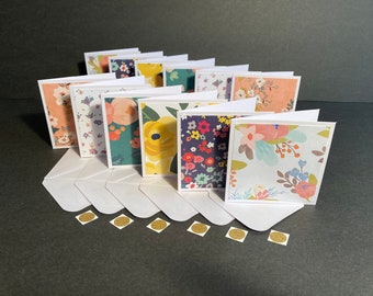 3x3 Mini FlowerCards and Envelopes with Envelope Seals, Small Floral Card Set, Handmade Blank 3x3 Mini Note Cards with Envelopes, Set of 12