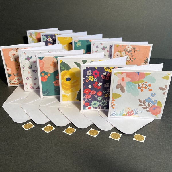 3x3 Mini FlowerCards and Envelopes with Envelope Seals, Small Floral Card Set, Handmade Blank 3x3 Mini Note Cards with Envelopes, Set of 12