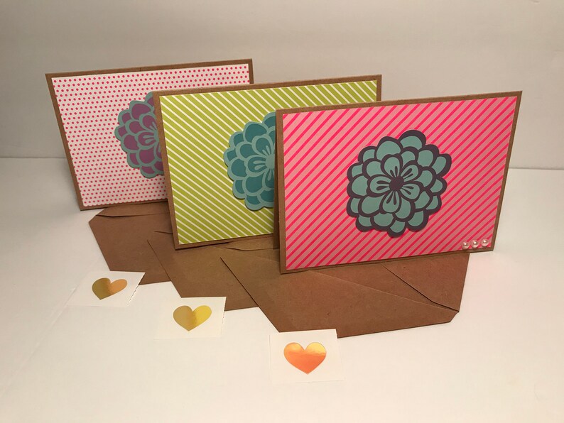 Flower Notecards with Envelopes and Envelope Seals Blank Handmade Floral Notecards Set of 3