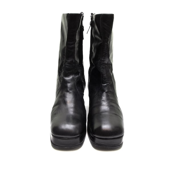 Vintage 70er Plateaustiefel Hippie Stiefel 70er 60er Mod Go Go Stiefel schwarz quadratische Spitze klobiger High Heel Stiefel Rocker Avantgarde Goth SELTEN 7 1/2 !!