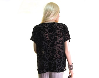 Vintage 90s Sheer Dark Floral Gothic Grave Rave Dreamy Top sz S M art goth Roses Button Up Shirt
