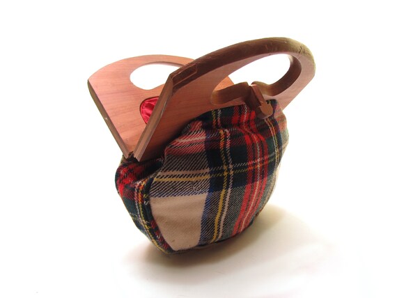 vintage 60s mini purse, cedar wood handle handbag,
