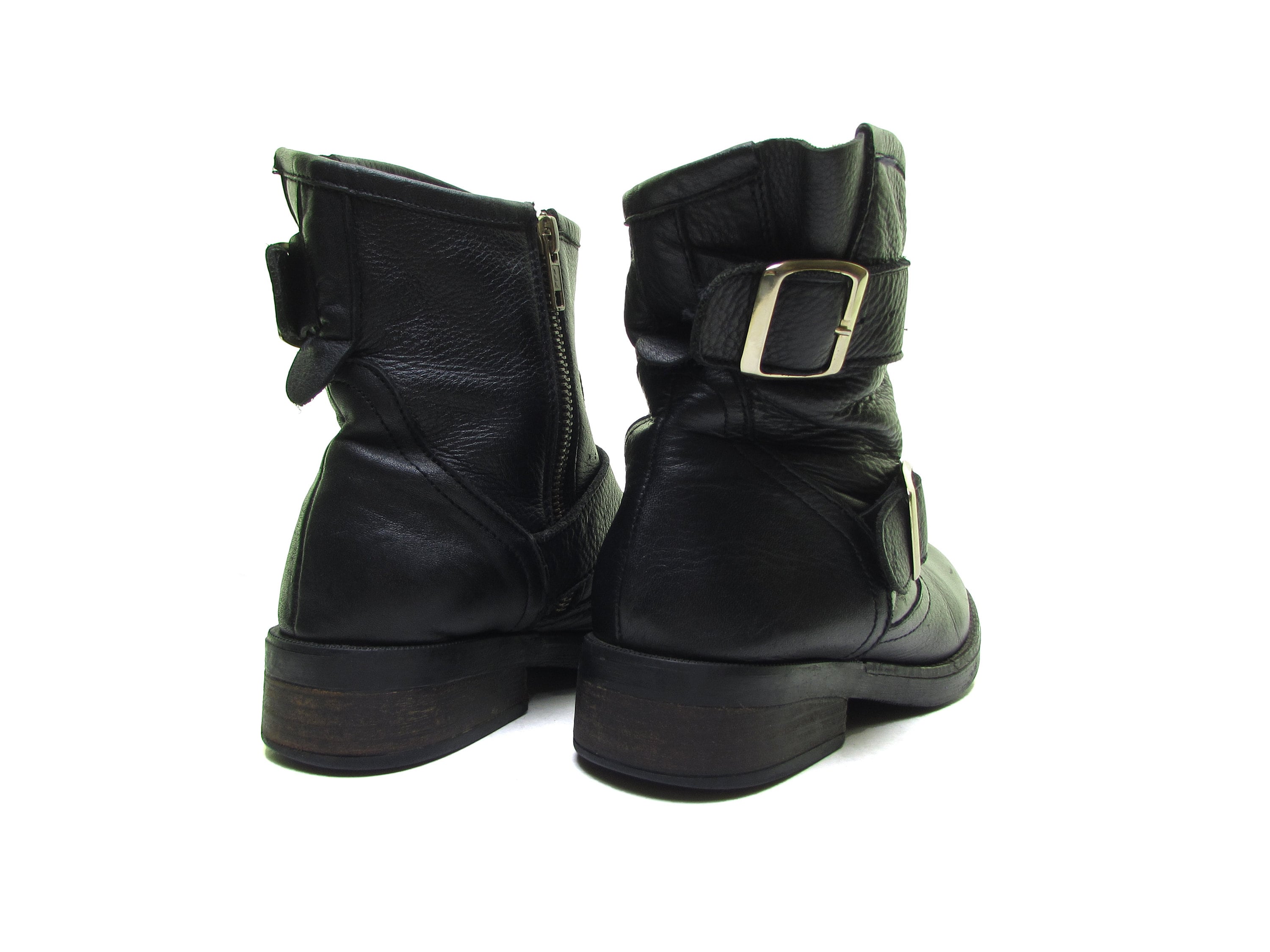 STEVE MADDEN Boots Black Leather Motorcycle Boots Buckle -