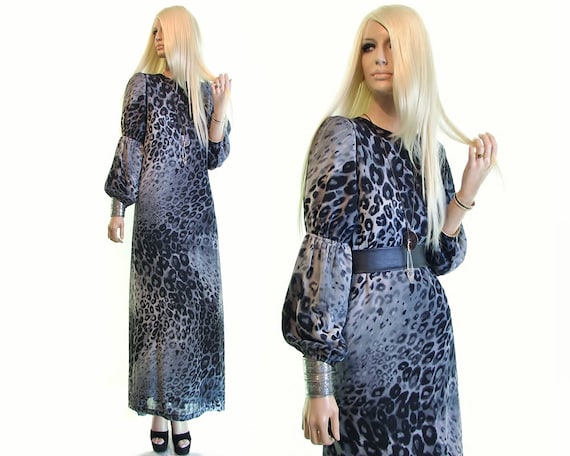 sheer leopard print maxi dress, puff sleeve dress,