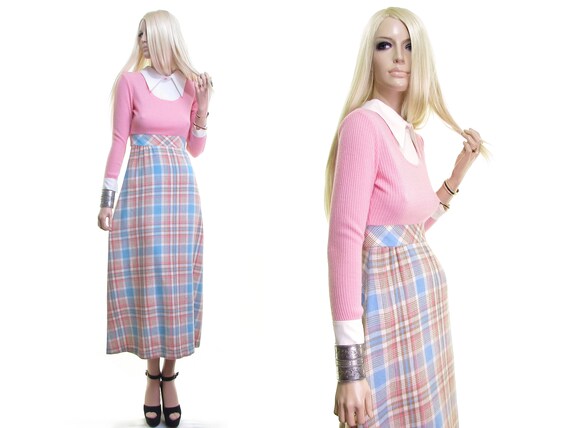 teen girl 70s hippie dress LORD & TAYLOR plaid dre