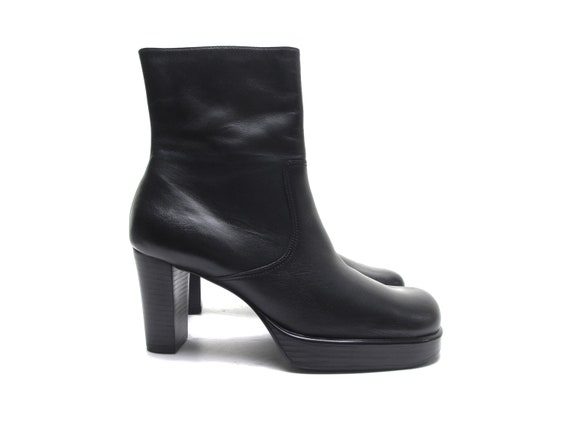 vintage 90s platform boots Black Leather square t… - image 1