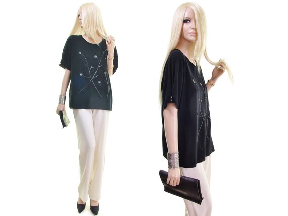 black beaded sweater, puff sleeve sweater, sequin