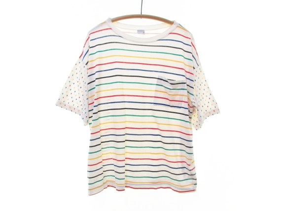 90s RAINBOW stripe shirt COTTON pocket tee oversiz