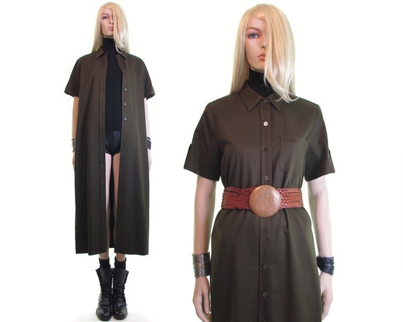 olive green cotton shirt dress tencel 90s duster d